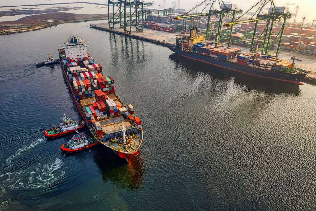 aerial shot of cargo ship on sea